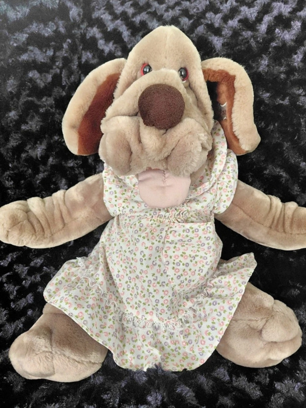 1981 Ganz Wrinkles plush dog, style 5134664 Floral Dress Plush Dog Toy